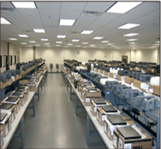 A packing room, with devices being prepped for packing